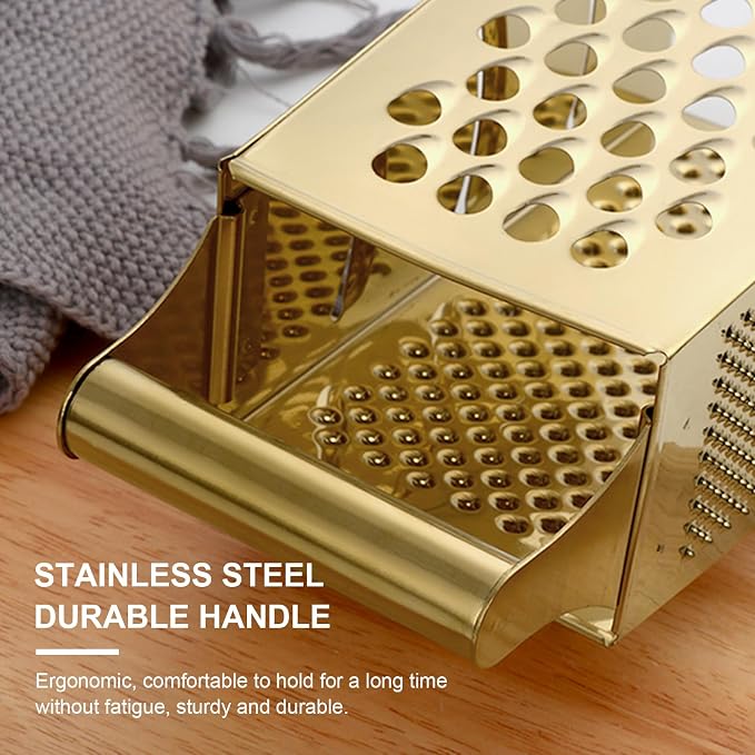 Handheld Cheese Grater Box for Kitchen, Stainless Steel 4 Sided Cheese Grater with Handle for Grinding Shredding & Slicing, Dishwasher Safe (Champagne Gold)