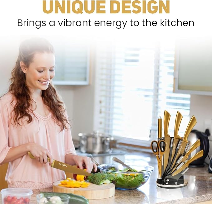 Luxury Black & Gold Kitchen Knife Set with Block & Rod Sharpener – 8-Piece Titanium-Coated Stainless Steel Knives, Ultra Sharp Chef Knife Set, Ideal Knives Set for Kitchen
