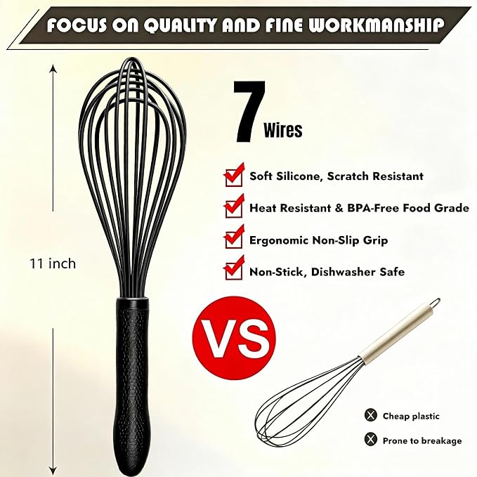 TEEVEA Silicone Whisk 11 Inch, Nonstick Heat Resistant for Cooking Baking | Black, food grade, dishwasher safe, stainless steel core, non-scratch, balloon shape, handheld, kitchen egg & batter mixing