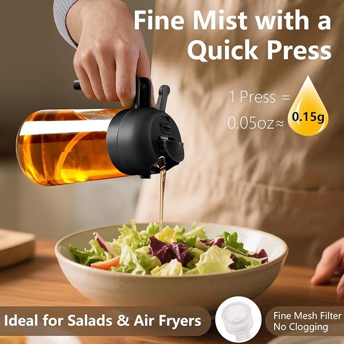 SWEET VIEW Olive Oil Sprayer for Cooking, 16oz/470ml Glass Oil Dispenser/Pour Bottle, Kitchen Accessories, Kitchen Gadgets for Air Fryer, Salad, BBQ, with Stickers (Black)