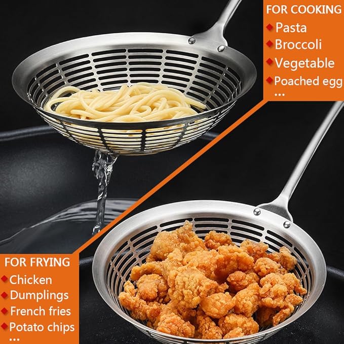 Collfa Cooking Skimmer 304 Stainless Steel Spider Strainer Handheld Metal Slotted Spoon With Holes Mesh Ladle For Spaghetti Pasta;Poached Egg;Noodle;Vegetables;Kitchen Frying And Cooking Tools