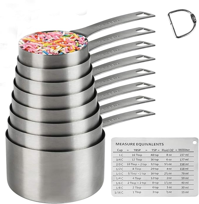 Measuring Cups Set, 18/8 Stainless Steel Measuring Cups Set with Magnetic Conversion Chart, Dry&Liquid Metal Measuring Cups for Baking&Kitchen, Metric&US 8 Measuring Cups with 2/3cup&3/4cup