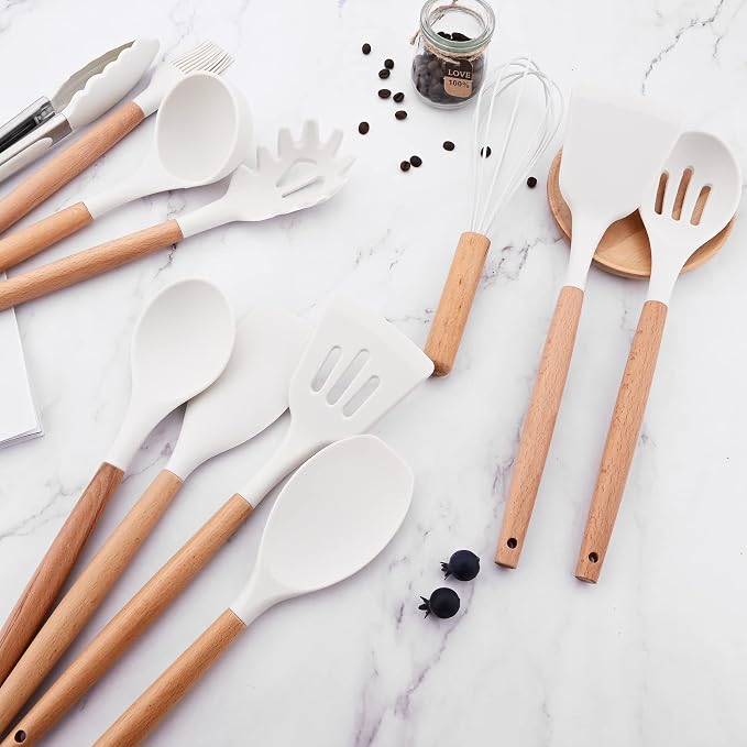1pc White Silicone Slotted Spoon with Wooden Handle, Heat Resistant Cooking Utensils, Mixing Spoon, Cooking Backing Spoons Set for Stirring, Mixing and Serving