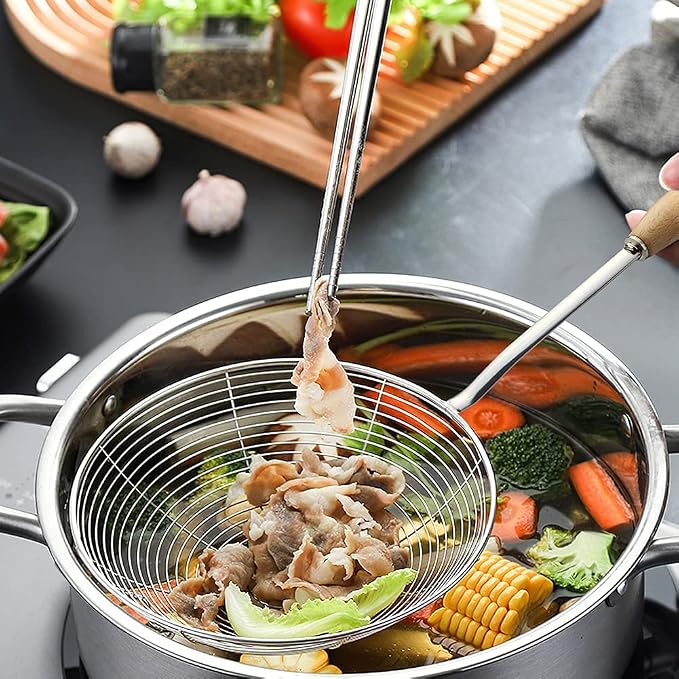 Extra Large Spider Strainer 7.9-Inch, Stainless Steel Skimmer with Wood Handle, Ideal for Frying, Pasta, and Noodles