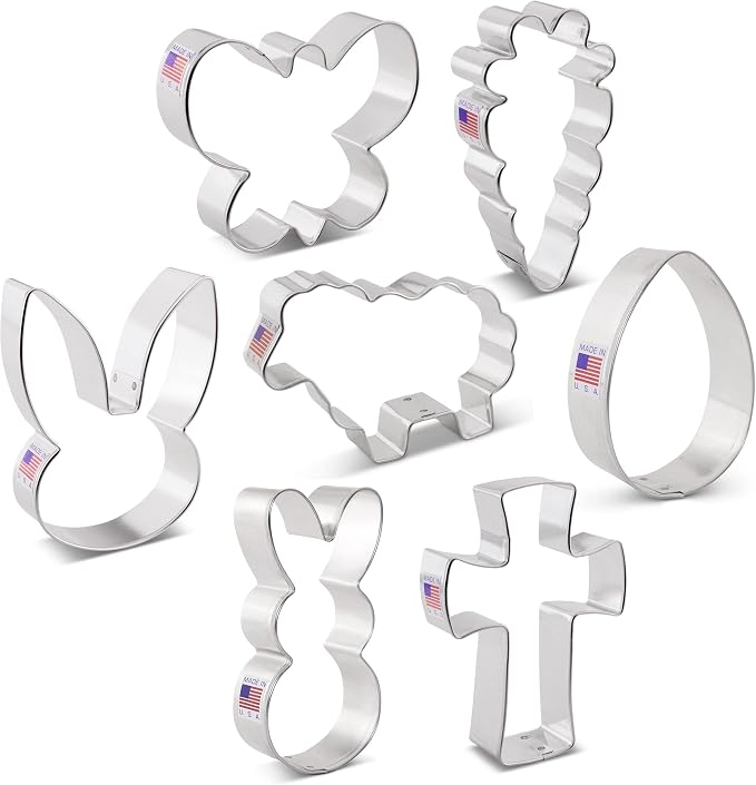 Ann Clark Easter 7-Pc. Cookie Cutter Set, Made in USA, Bunny Face, Easter Bunny, Holy Cross, Carrot, Sheep, Butterfly, Egg