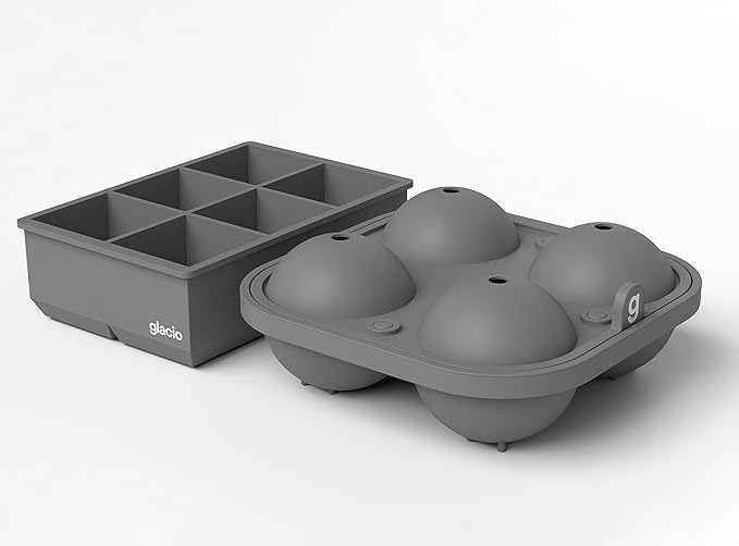 Ball Ice Cube Tray and Big Ice Cube Molds for Whiskey, Slow-Melting, 100% Silicone, No-Plastic, Easy Release, Ideal for Gifting and Elevating Cocktails (Charcoal, 4 Spheres & 6 Cubes)