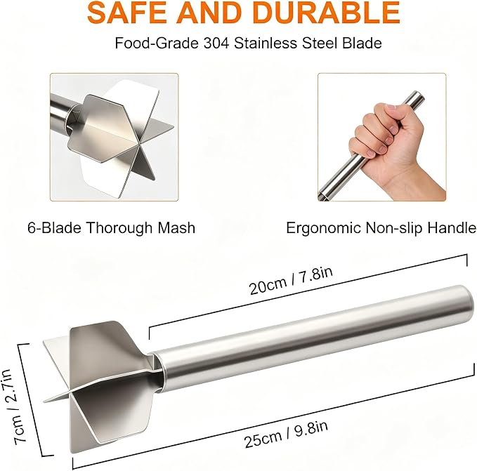 Meat Masher, Stainless Steel 6 Blade Ground Beef Chopper Tool with Long Handle, Masher Shredder for Potato Hamburger Vegetable Puree, Dishwasher Safe