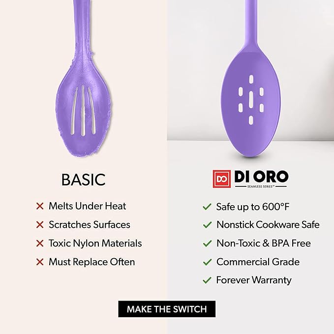 DI ORO Silicone Spoons for Cooking - Large Kitchen Spoons for Mixing, Serving & Stirring - 600°F Heat-Resistant Non Stick Utensils – Big Solid & Slotted Basting Spoon - Dishwasher Safe (2pc, Lavender)