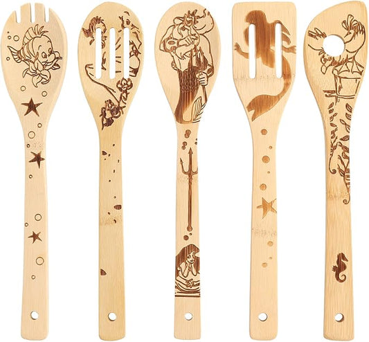 The Little Mermaid Organic Bamboo Spoons for Cooking Personalized Cartton Pattern Kitchen Burned Utensils Spatula Household Items Non-stick Kitchen Cookware Ideal Housewarming Present for Family