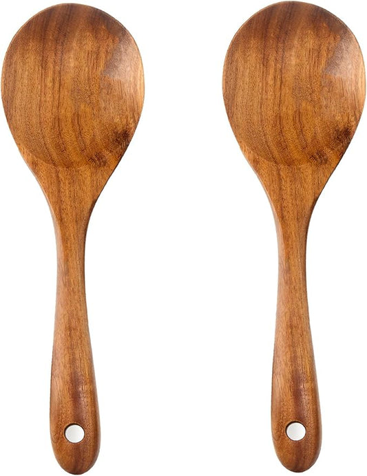 Teak Wood Spoons for Cooking, 10.2-Inch Teak Wooden Salad Serving Spoon Set of 2, Natural Wood Salad Spoons with Long Handles, Wooden Salad Servers Nontoxic & BPA-Free