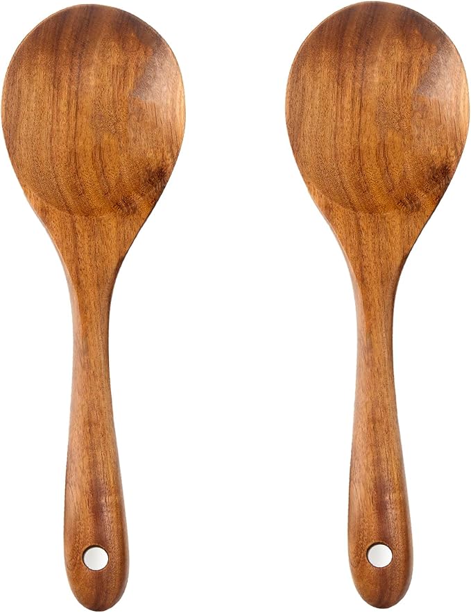 Large Teak Wood Spoons for Cooking, 13-Inch Teak Wooden Salad Serving Spoon Set of 2, Natural Wood Salad Spoons with Long Handles, Salad Serving Utensils