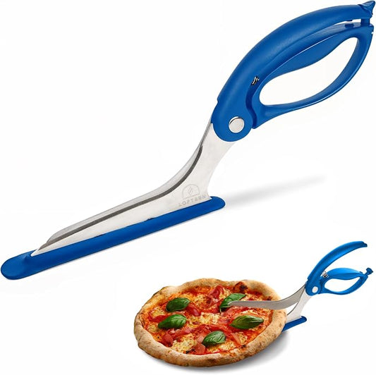Pizza Scissors - Non-Stick Pizza Scissors with Firm Grip Base - Food Grade Stainless Steel Pizza Cutter - 5-in-1 Food Slicer & Pizza Server - Durable, Safe & Mess Free - Blue