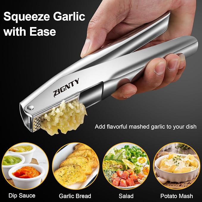 Garlic Press Stainless Steel，Premium Garlic Mincer Tool，No Need to Peel Garlic Ginger Crusher & Masher Easy Squeeze Large Trough Ergonomic Handle，Rust Proof，Dishwasher Safe (5 Years Warranty)