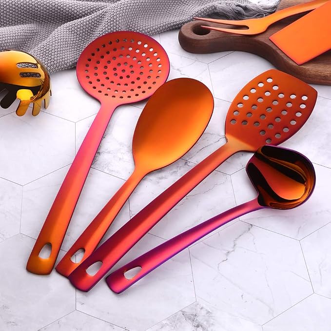 12 Pcs Cooking Utensil Set, Stainless Steel Orange Titanium Plated Cookware Sets with Public Fork/Spoon, Cake Shovels, Spatula, Ladles, Solid Spoon, Slotted Spoon, Pasta Server, Kitchen Tool Gadget