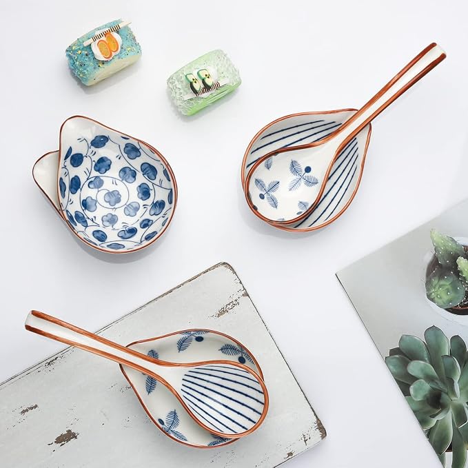 Ceramic Soup Spoons Set of 4 Porcelain Japanese Soup Spoon Long Handle Asian Soup Spoon Sets for Pho Ramen Noodles Wonton Dumpling Rice (Model 5#)