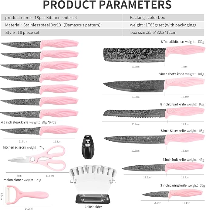 Damascus Knife Set 18Pcs Non Stick Sharp Kitchen Knives Set with Acrylic Block Cutlery Knives Block Set Chef Quality Best Gift Pink Handle
