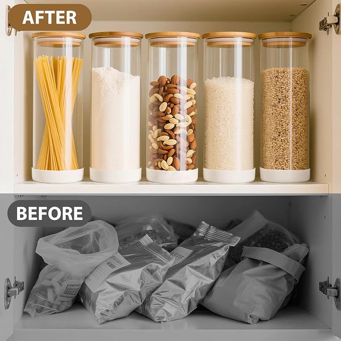 73oz Glass Spaghetti Pasta Containers for Pantry Organization, 3-Pack Large Airtight Food Jars with Bamboo Lids and Protective Silicone Base, Clear Storage Canisters for Flour, Cereal, Rice