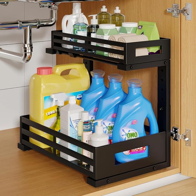 1-Pack Under Sink Organizers and Storage,2-Tier L Shape Pull Out Cabinet Organizer With Round Tube Slide Rails,Hight Adjustable Slide Out Drawers for Kitchen&Bathroom,Multi-Purpose Storage Shelf-Black