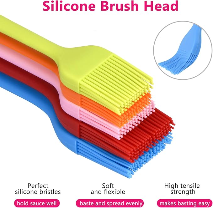 Hhyn Silicone Basting Pastry Brush Set 5 Pack, Multicolor | Heat Resistant Spread Oil Butter Sauce for BBQ Grill Barbeque Kitchen Baking Cooking Pastries, 2 Large & 3 Small