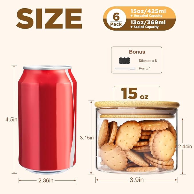 SHOWIN 15oz Glass Food Storage Jars, Glass Jars with Bamboo Lids, Kitchen Storage Jars, Set of 6, Canisters with Airtight Lids for Spice, Coffee, Cookie, Pantry Organizers