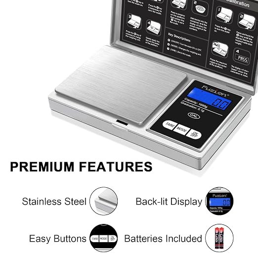 Fuzion Pocket Gram Scale - 1000g/0.1g Digital Mini Travel Food Scale | Easy of Use, LCD Display, Tare Function, 6 Modes Ounces Grains, Batteries Included