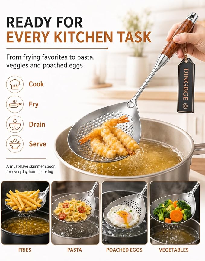 Wooden Handle Stainless Steel Skimmer Spoon Spider Strainer Slotted Scoop Frying Ladle Kitchen Gadgets Deep Fryer Cooking Draining Pasta Noodle Hot Pot Dumpling Seafood 304 Long(3PCS)