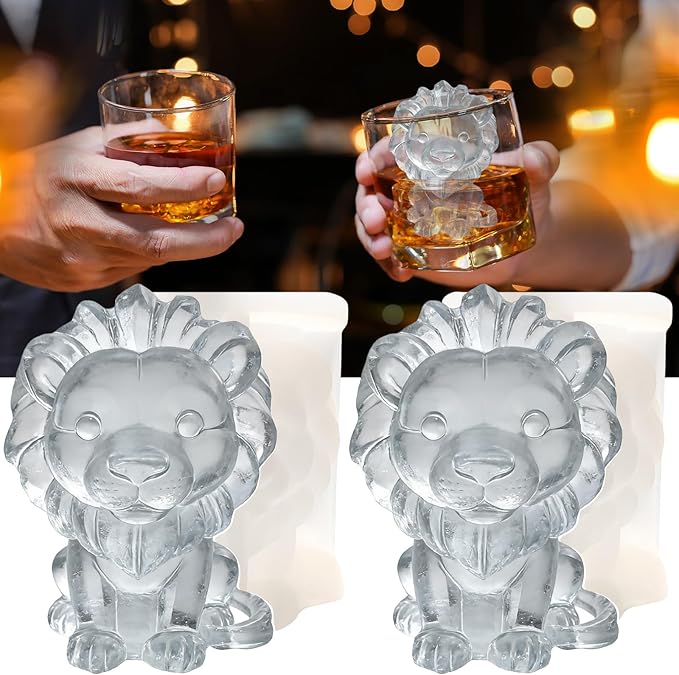 3D Lion Ice Cube Silicone Molds Tray for Whiskey, Cocktail, Drink, Bar; Rich Details. Fun Animal Mold for DIY Craft Taba Squishy Chocolate Soap Candle Resin Gift for Women Girls Boys; 2 Pack