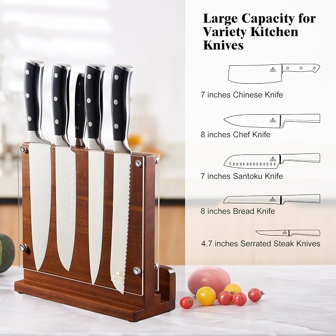 ENOKING Magnetic Knife Block with Acrylic Shield, Double Side Kitchen Knife Holder without Knives- Acacia Wood Universal Knife Storage Organizer with Powerful Magnet for Kitchen Counter