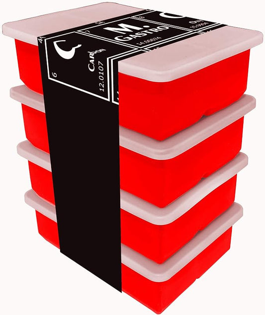 Silicone Ice Cube Trays by M. Gastro Kitchens, SAVE WITH OUR ECONOMY 4 PACK, Extra Large Ice Cubes, Space Saving Design, 6 Cavity (Red with 4 Lids)