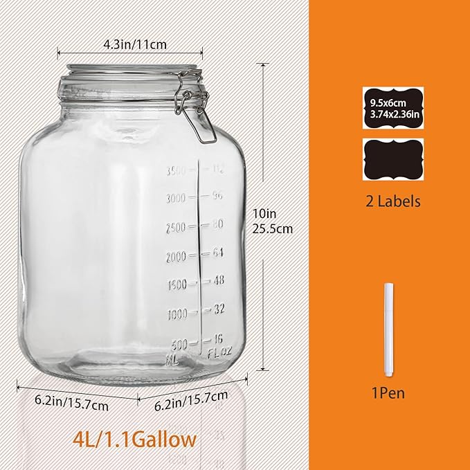 1.1 Gallon Large Glass Food Storage Jars with Airtight Lids,Set of 2 Square Wide Mouth Airtight Glass Storage Container,135oz Kitchen Mason Jar with Measurement Mark,for Flour Sugar Canning.