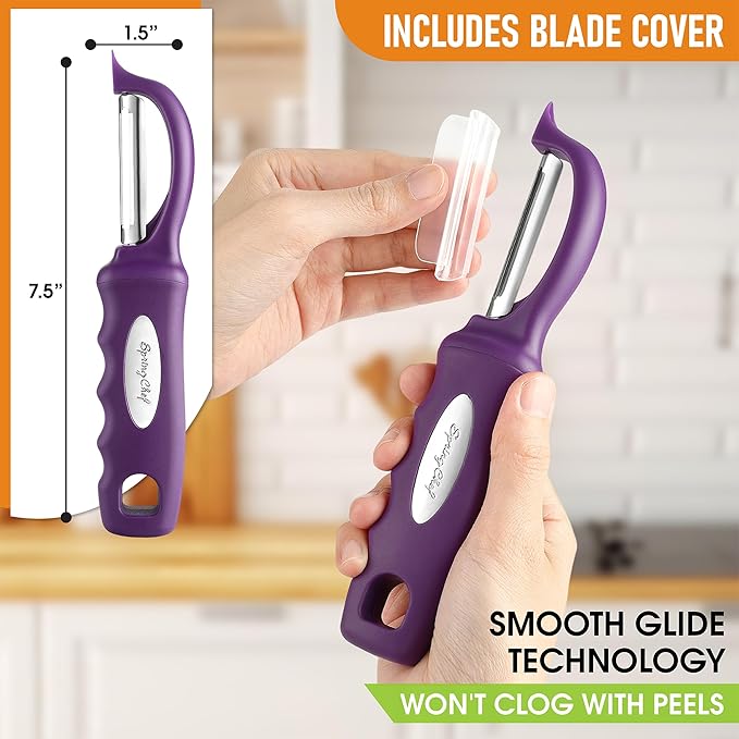 Spring Chef Professional Purple Swivel Vegetable Peeler for Kitchen, Stainless Steel Potato Peeler with Soft Grip Handle, Perfect For Veggie, Fruit, Carrot, Apple, Cucumber - Dishwasher Safe