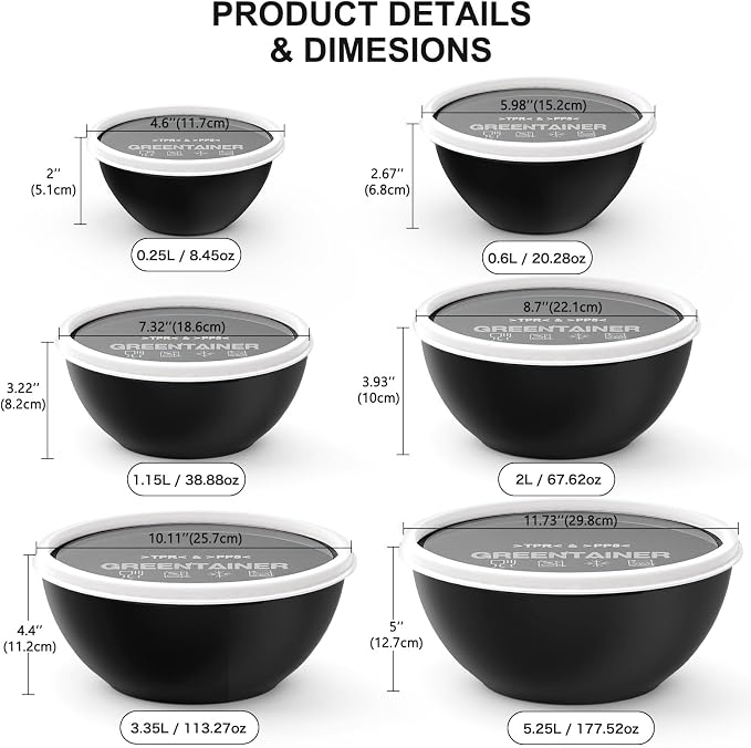 Greentainer Plastic Mixing Bowls with Lids Set for Kitchen, 6 Set Nesting Bowls for Mixing, Baking, Prepping, Cooking and Serving Food, Mixing Bowls Dishwasher, Microwave Safe