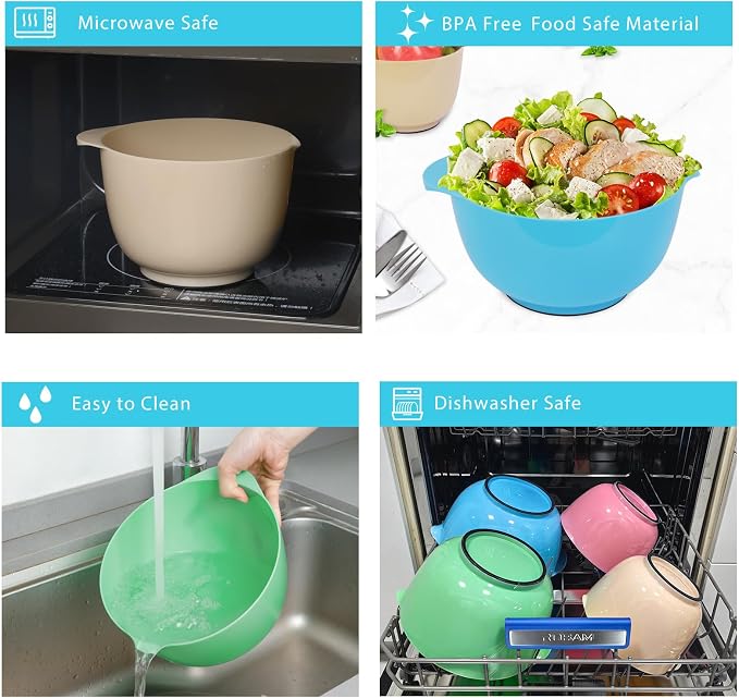 BoxedHome Classic Mixing Bowls Set of 4, BPA Free Plastic, Microwave Safe | 4.5, 3.5, 2.5 and 1.7 QT, Non-slip Base Large Non-toxic Nesting Bowl with Pour Spout, Dishwasher Safe, for Prep, Cooking