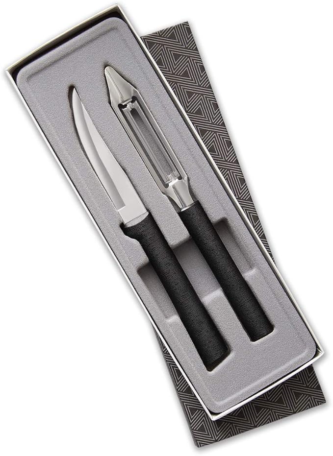 Rada Cutlery Pare & Peel Gift Set (G246) with Quick Edge Sharpener (R119), 2-Piece Knife Set and Knife Sharpener, Stainless Steel Blades, Black Handle