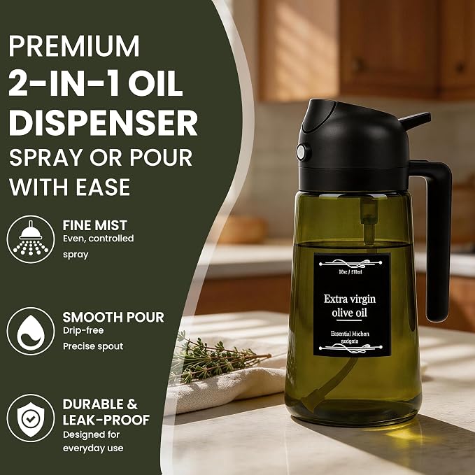 Oil Dispenser Glass Bottle, 16oz/470ml, 2 in 1 Oil Sprayer and Pourer, Light-Blocking Dark Glass, for Cooking, Air Fryer, Salad, BBQ (Black)