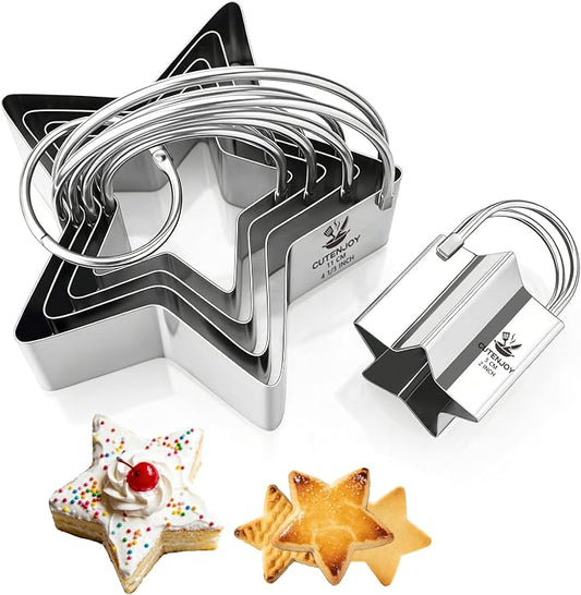 Star Cookie Cutters (5 Pieces/Set),Biscuit Cutter Set with Handle and Big Ring, Professional Baking Dough Cutter Tools for Cakes, Sandwiches, Donuts, Dumplings