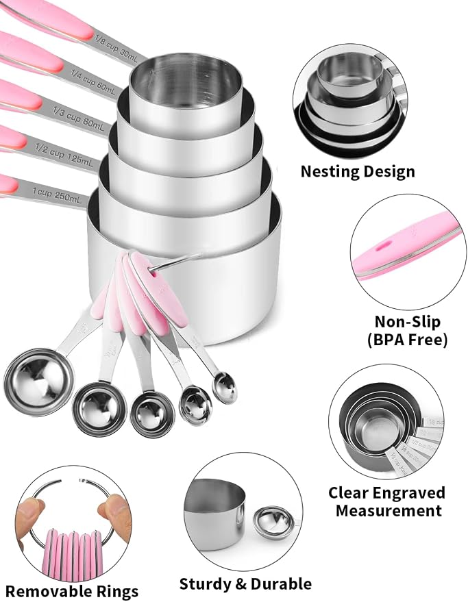Joyhill Stainless Steel Measuring Cups and Spoons Set of 10 Piece, Nesting Metal Measuring Cups Set with Soft Touch Silicone Handles for Dry and Liquid Ingredients, Cooking & Baking (Pink) | BPA-Free Silicone Handles, Etched Markings, Nestable Design, ...
