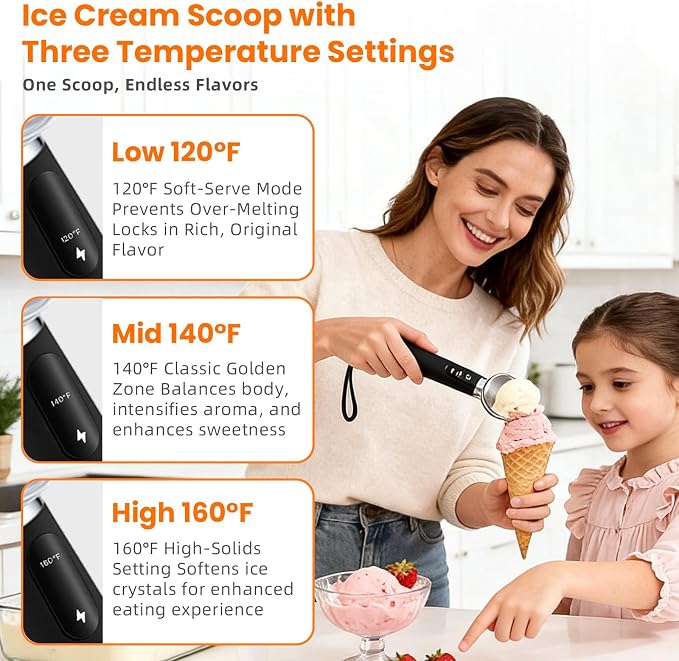 Electric Ice Cream Scoop, Heated Ice Cream Scoop Rechargeable with 3-Level Heat 120-160℉, LED Display, IP67, 2600mAh Battery, For Hardened Ice Cream, Gelato, Shop & Home Use