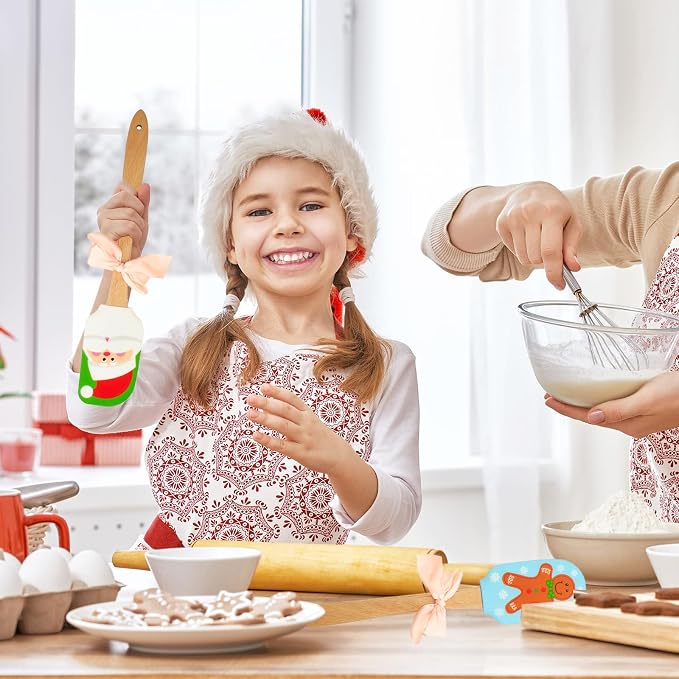 Silicone Spatula, Caliamary 3 Pieces Kitchen Silicone Spatula Set, Christmas Cake Decorating Spatula with Wooden Handle, Snowman Gingerbread Man and Santa Claus Pattern (Snowman)