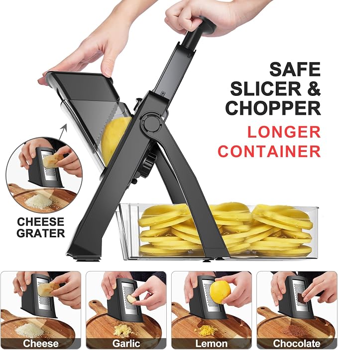 SupMaKin Upgrade Larger Safe Mandoline Slicer with Cheese Grater Potato Slicer for Chips, Vegetable Slicer,Thickness Adjustable 0.1-8 mm, Drain baskets and containers (Only Slicer) Black
