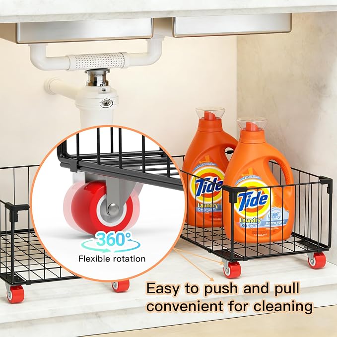 2Pack, Under Sink Organizer,Cabinet Organizers and Storage, Metal Storage Basket,Large capacity, Can Hold 40-70 Liters, Easily Push And Pull, Convenient For Cleaning Under Sink