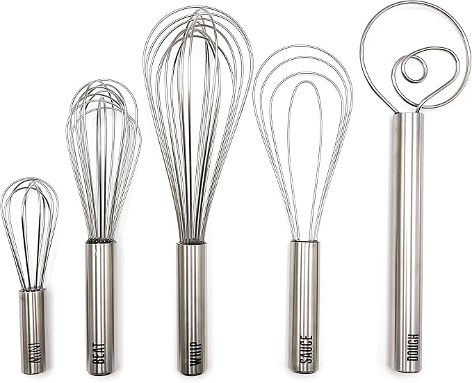 Tovolo Stainless Steel Whisk Set of 5 Complete Dishwasher Safe Collection 6" Mini, 9" Beat, 10" Flat for Sauce, 11" Balloon Whip and 12" Dutch Dough Whisk for Cooking Whisking Mixing Whipping Beating