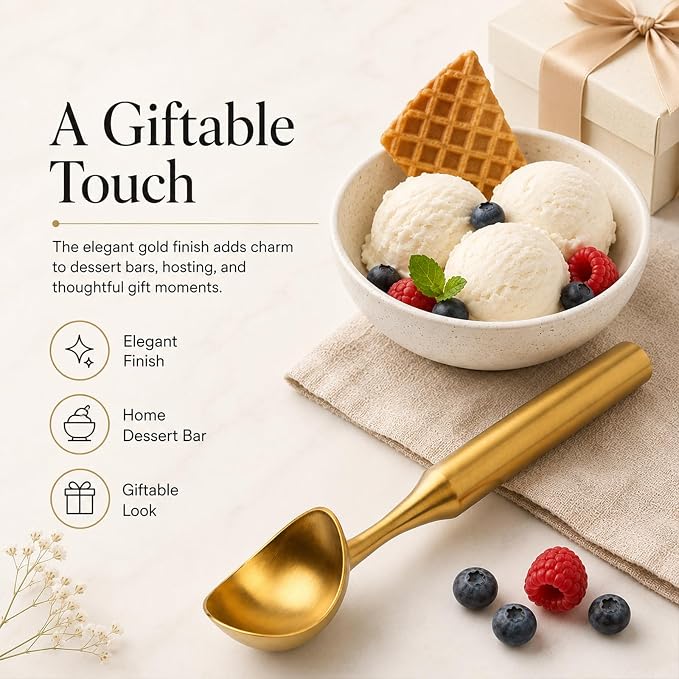 Heavy-Duty 304 Stainless Steel Ice Cream Scoop, 4.5 oz Cookies Scoop, Durable, Corrosion-Resistant & Dishwasher Safe with Ergonomic Grip for Perfect Scooping, Solid Design, Gold