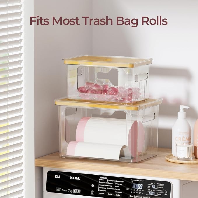Delamu 2 Pack (XL+S) Trash Bag Dispenser, Stackable Garbage Bag Holder | Clear Acrylic Organizer Bins for Under Sink Organization, Pantry Storage, Cabinet, Kitchen, Laundry, Bathroom