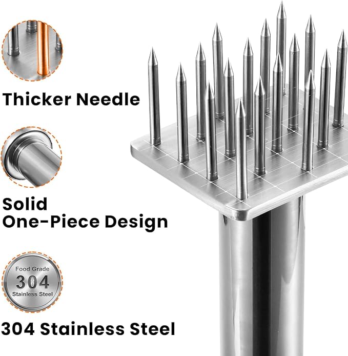 304 Stainless Steel Meat Tenderizer Tool with 18 Sharp Needles, Solid Needle Meat Tenderizer One-Piece Design, BBQ Marinade Gadgets for Steak, Beef, Chicken, Pork, Dishwasher Safe
