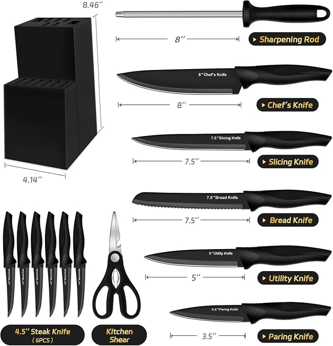 XANAPON Knife Set, 14 Pieces Kitchen Knife Set, High Carbon German Stainless Steel, Dishwasher Safe Cutlery with Sharpener, Black