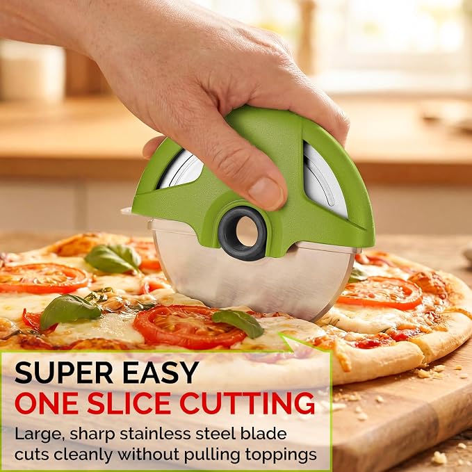 UHIYEE Palm-Grip Pizza Cutter Wheel with Protective Blade Guard, 4.3" Detachable Stainless Steel Pizza Slicer for Deep Dish Crusts, Easy Cleaning, Green