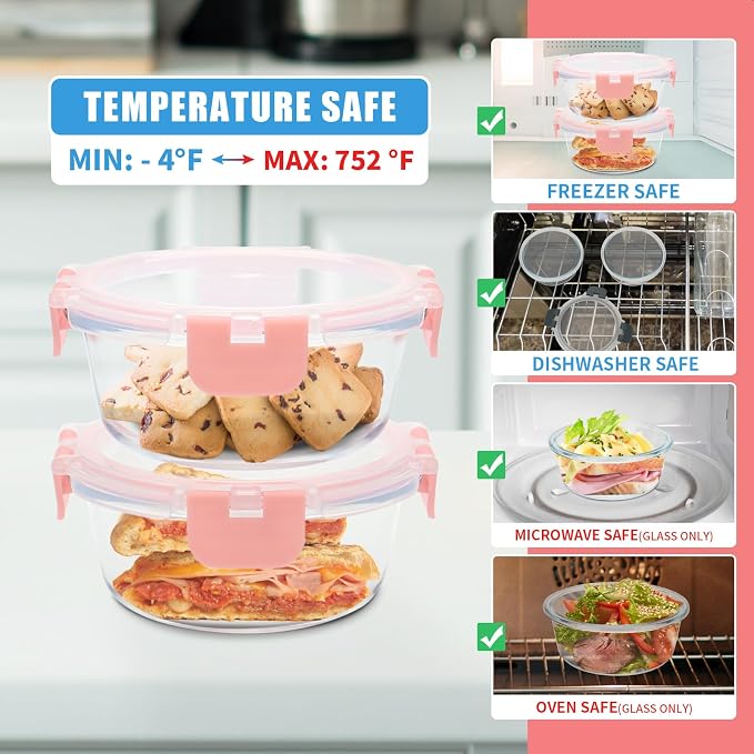 GULFLIN 12pack, 13oz Small Glass Food Storage Containers with Lids, Pink | Round Glass Containers Perfect Size for Meals and Leftovers. Particularly for Single Servings, Easy to Clean, Dishwasher Safe