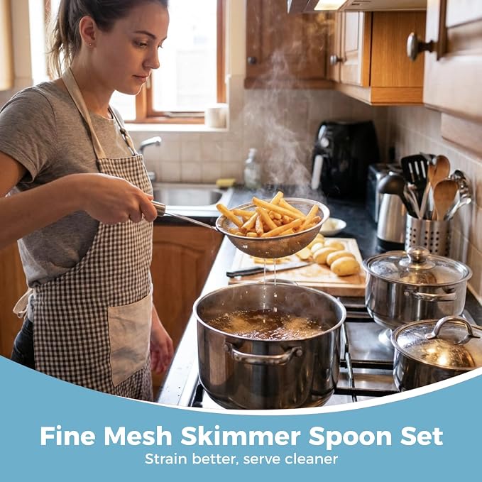 3 Pcs Fine Mesh Skimmer Spoons - Stainless Steel Hot Pot Fat Strainer for Oil Filter Skimming, Grease and Foam Removal, Multi-Functional Kitchen Cooking Mesh Strainer Ladle Set, 3 Sizes