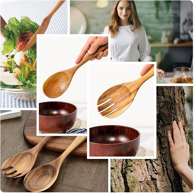 Large Teak Wooden Forks for Salad Serving Set of 2, 13-Inch Teak Wooden Serving Spork Set, Natural Wood Salad Servers, Wooden Kitchen Forks, Salad Servers Resistant to High Heat